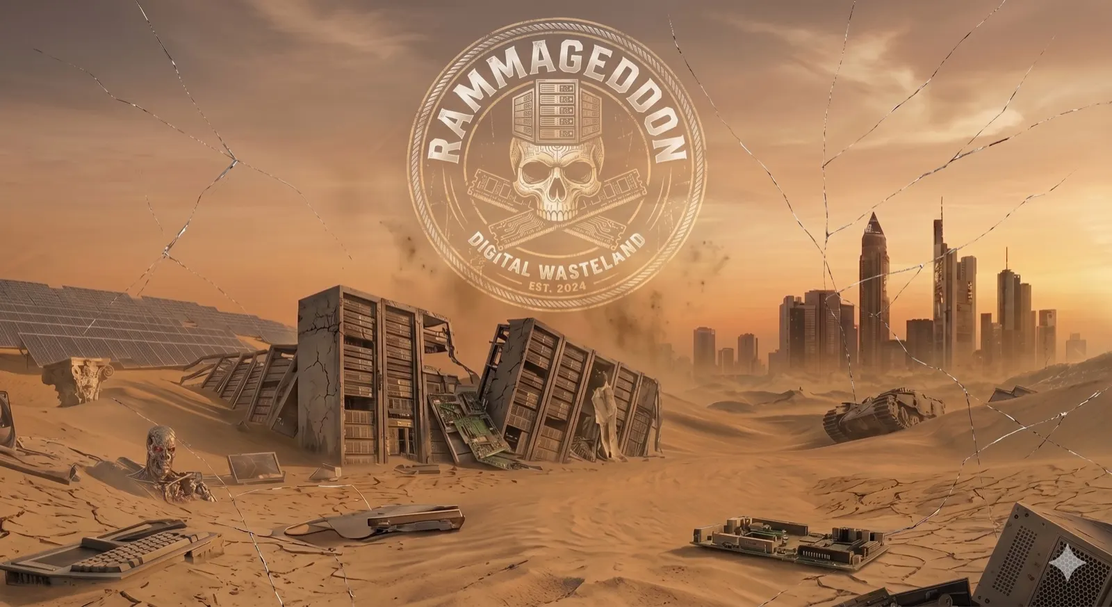 RAMmageddon-Key-Visual: gekippte Server-Racks in der Wüste vor der Frankfurter Skyline